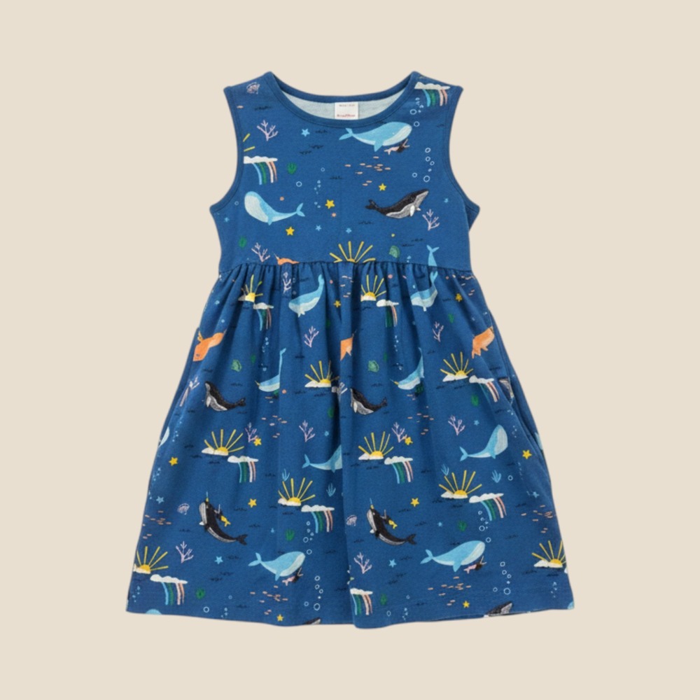Hanna Andersson Girls Blue Ocean Whale Narwhal Sleeveless Pocket Play Dress 6-7